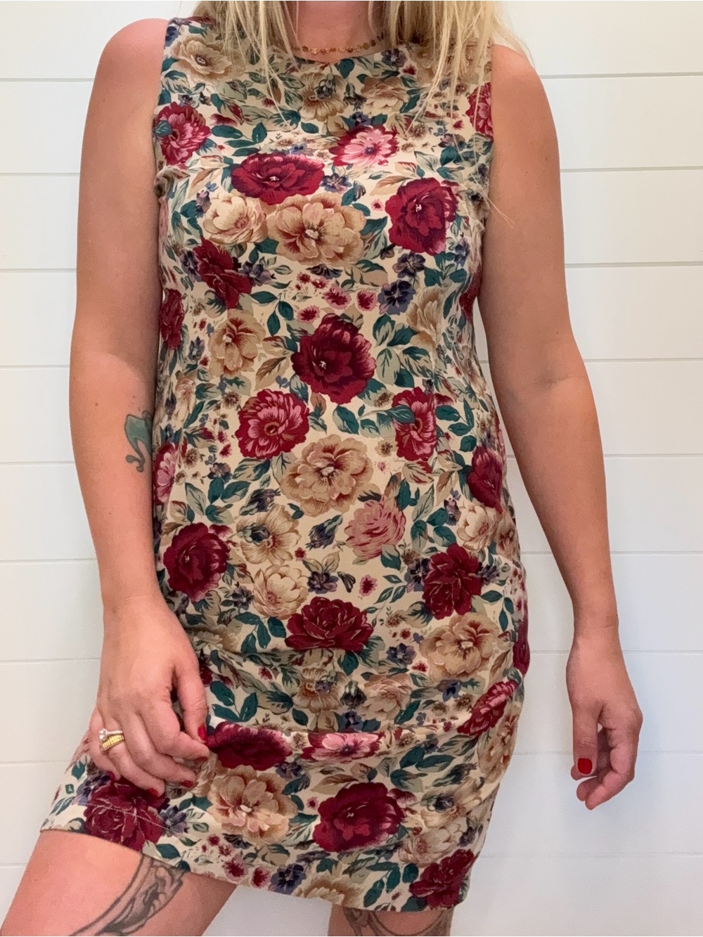 Vintage Sag Harbor Beige Mini Dress with Burgundy Floral Print